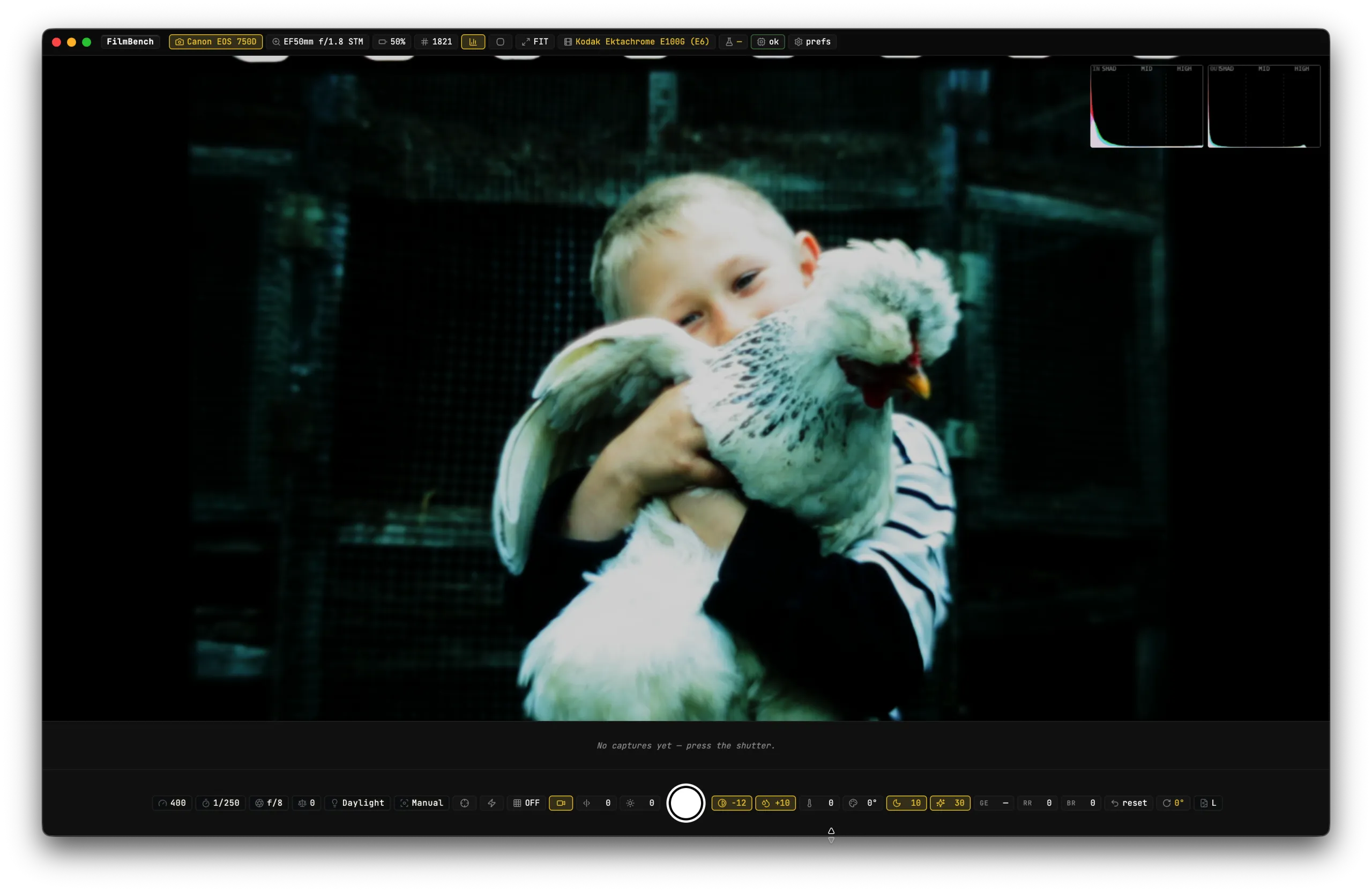 FilmBench app preview: a negative on the left developing into a finished positive on the right